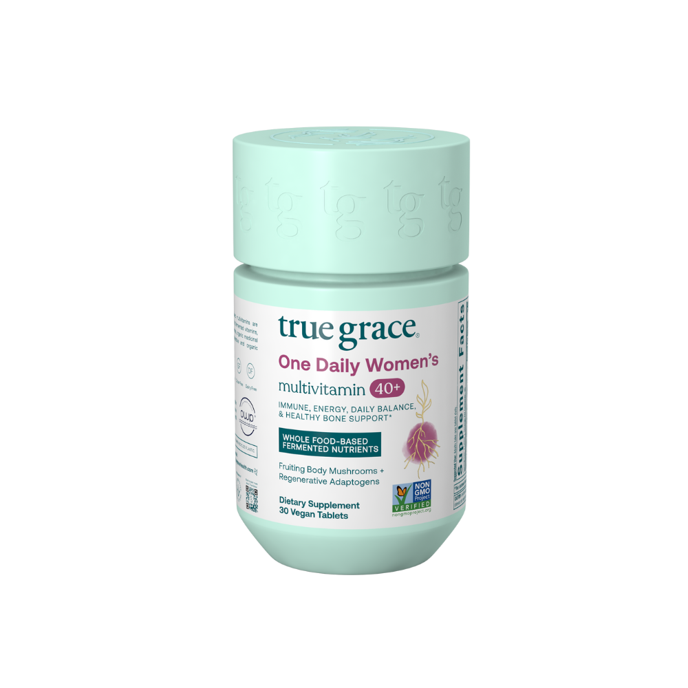 True Grace One Daily Women's Multivitamin 40+ product package on white background. Daily Multivitamin for Immune Support, Energy, Daily Balance, and Healthy Bone Support.
