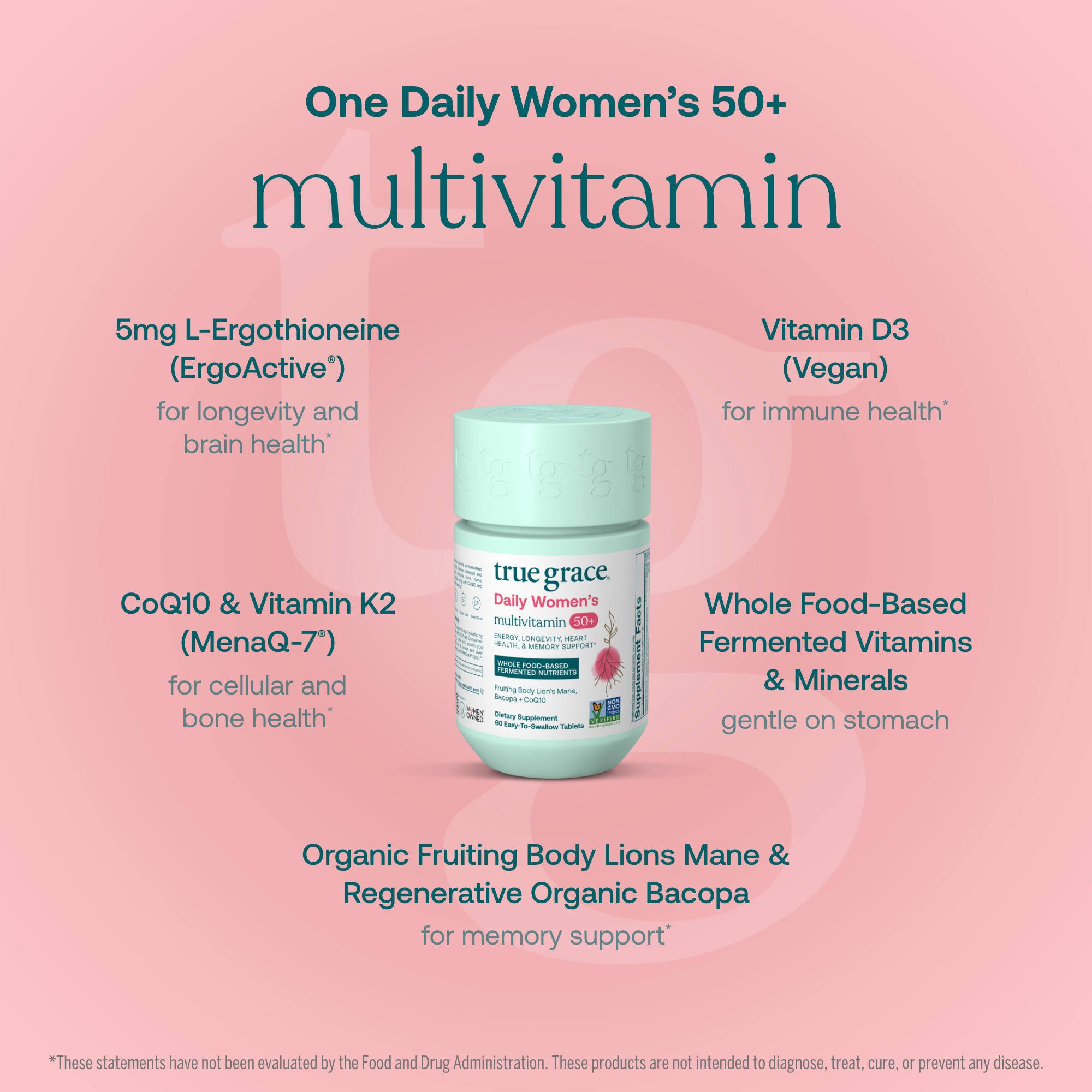 One Daily Women's 50+ Multivitamin container with product and ingredient details on a pink background