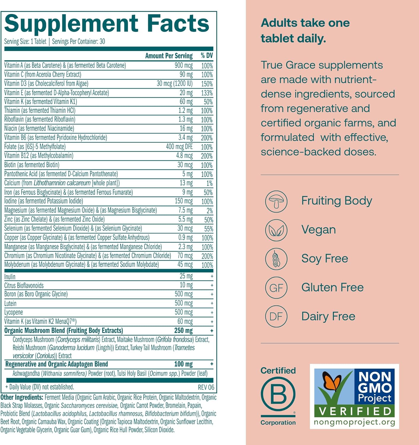 True Grace multivitamin supplement facts label