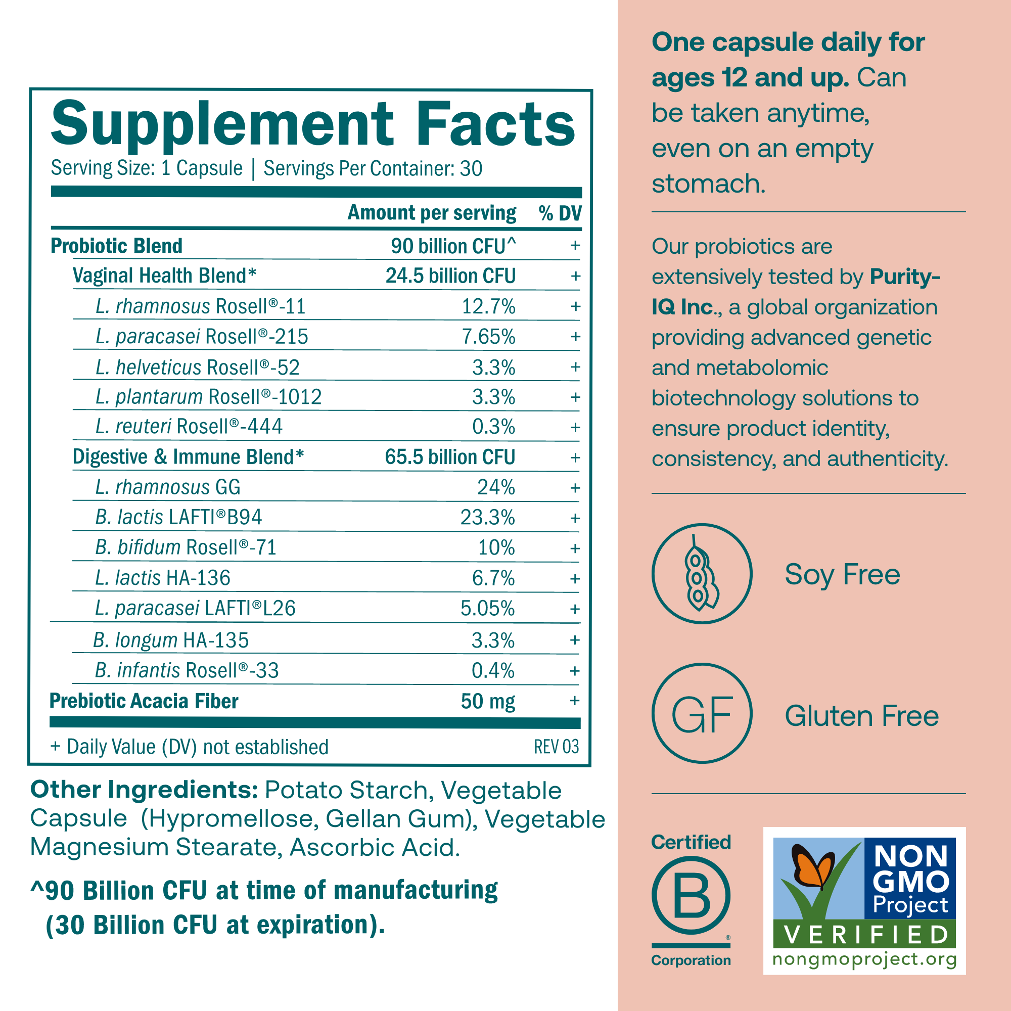 True Grace One Daily Women's Probiotic Supplement facts label with probiotic blend details on a pink background