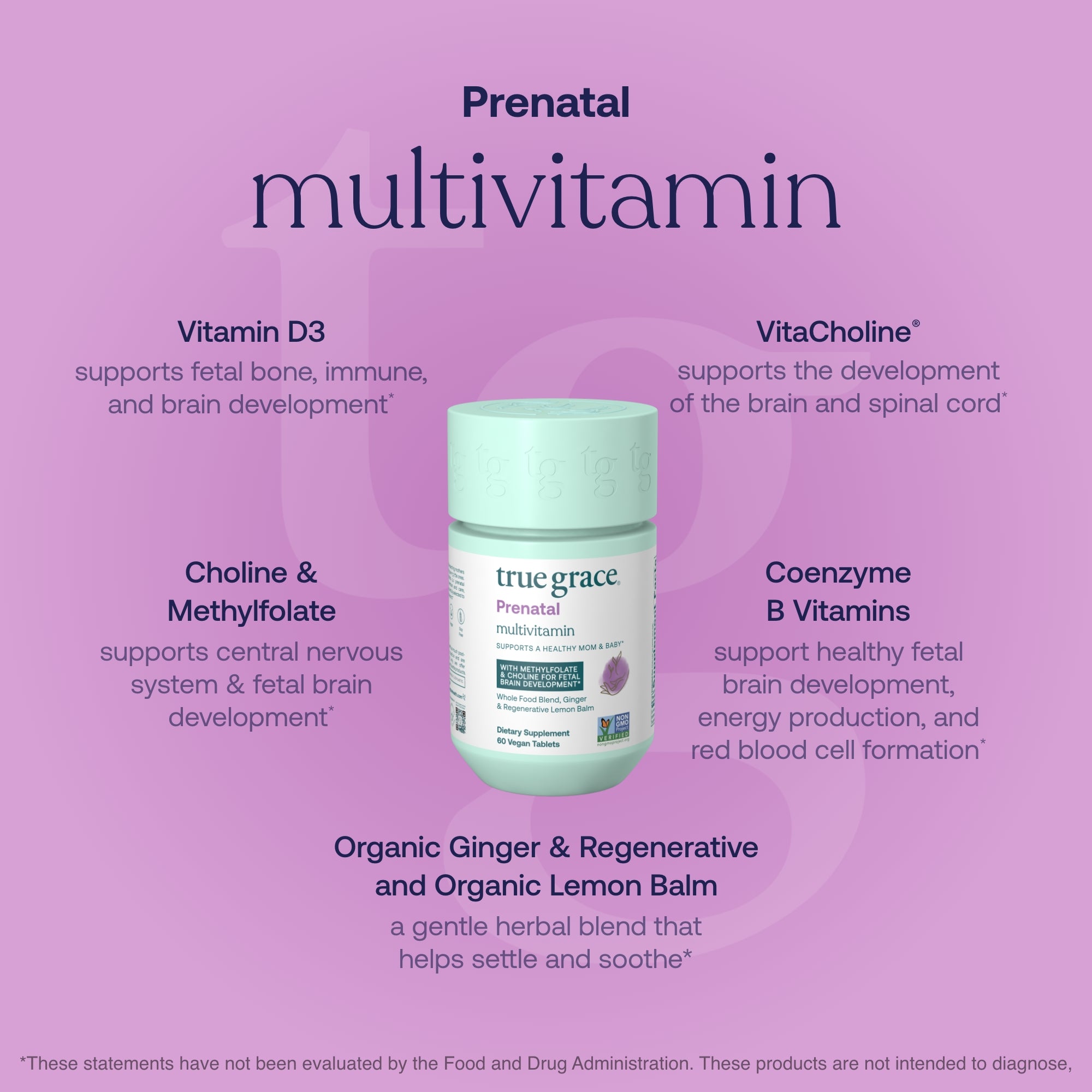 True Grace Prenatal multivitamin container with ingredients and benefits listed on a purple background