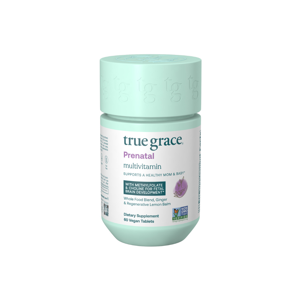 True Grace Prenatal Daily Multivitamin to Support a Healthy Mom & Baby*

For women during pre-conception, pregnancy, and lactation
With Methylfolate for fetal brain development*
Excellent source of Choline to support central nervous system development*
Regenerative organic lemon balm & organic ginger*
200% DV of Vitamin D3 for pregnant women
45 mcg per serving of Vitamin K2
Includes an organic whole food blend
Serving Size: 2 tablets / day