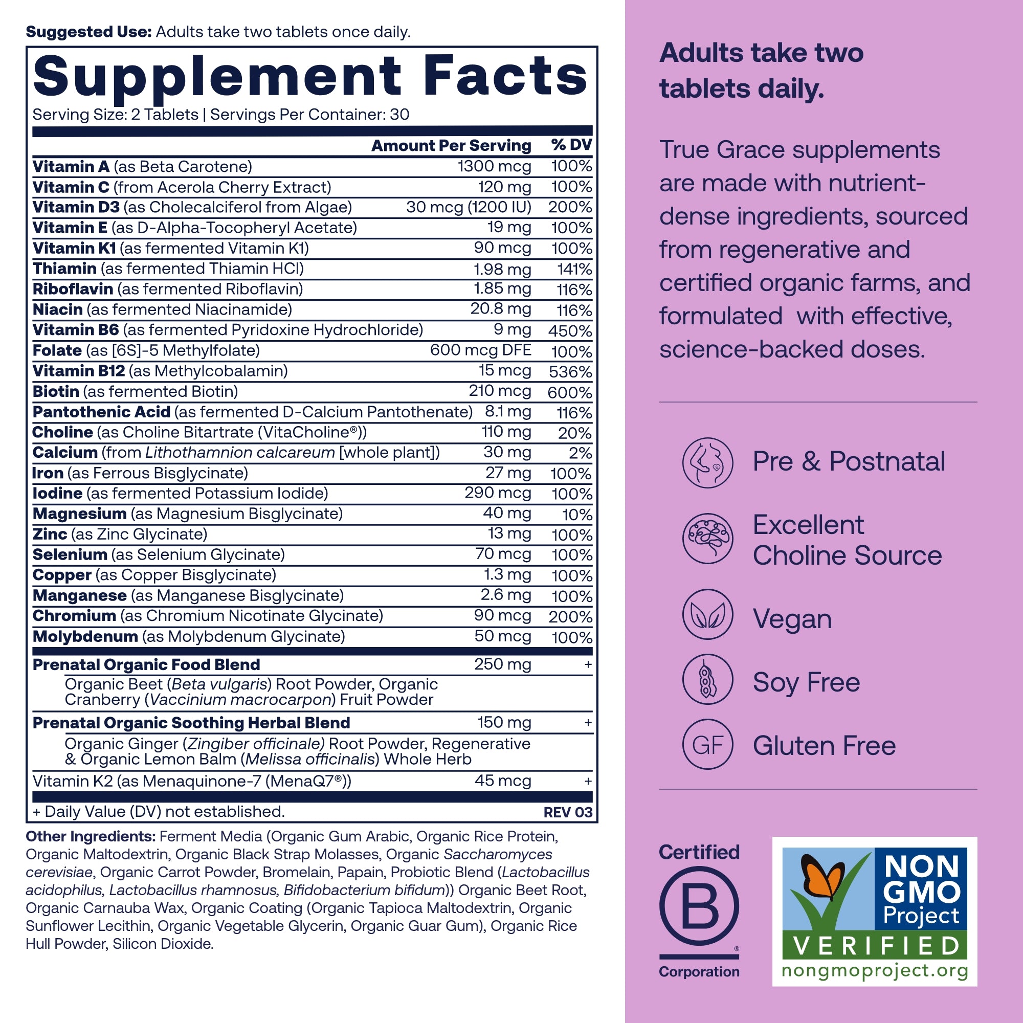 True Grace Prenatal Supplement label with detailed nutritional information and certification logos on a purple background
