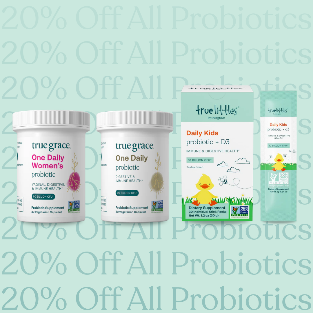 True Grace and true littles probiotic products on a light green background with promotional text.