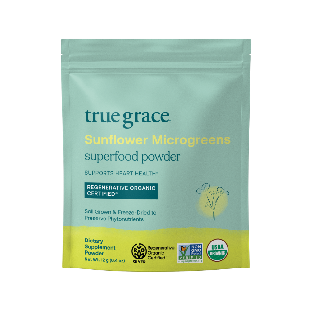 True Grace Sunflower Microgreens superfood powder have been shown in studies to contain phytochemicals known as flavonoids which have antioxidant potential in the diet. They also contain essential vitamins, minerals, and amino acids which may support heart health.* 