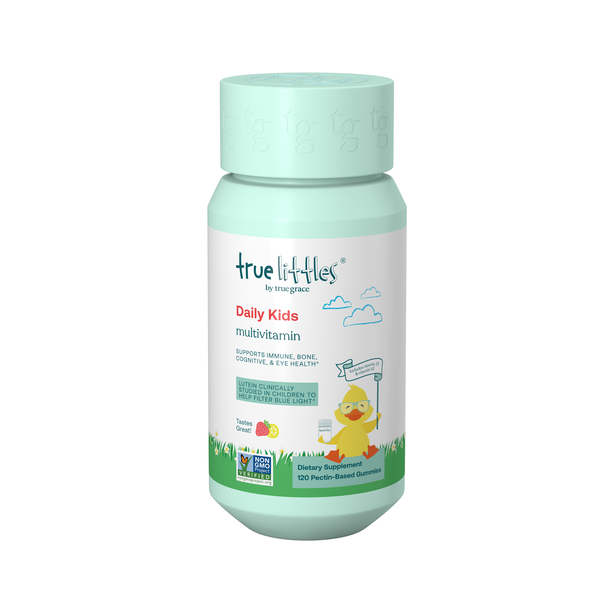 A container of True Grace True Littles Daily Kids Multivitamin, showing a cartoon duck and branding details, with a plain background.