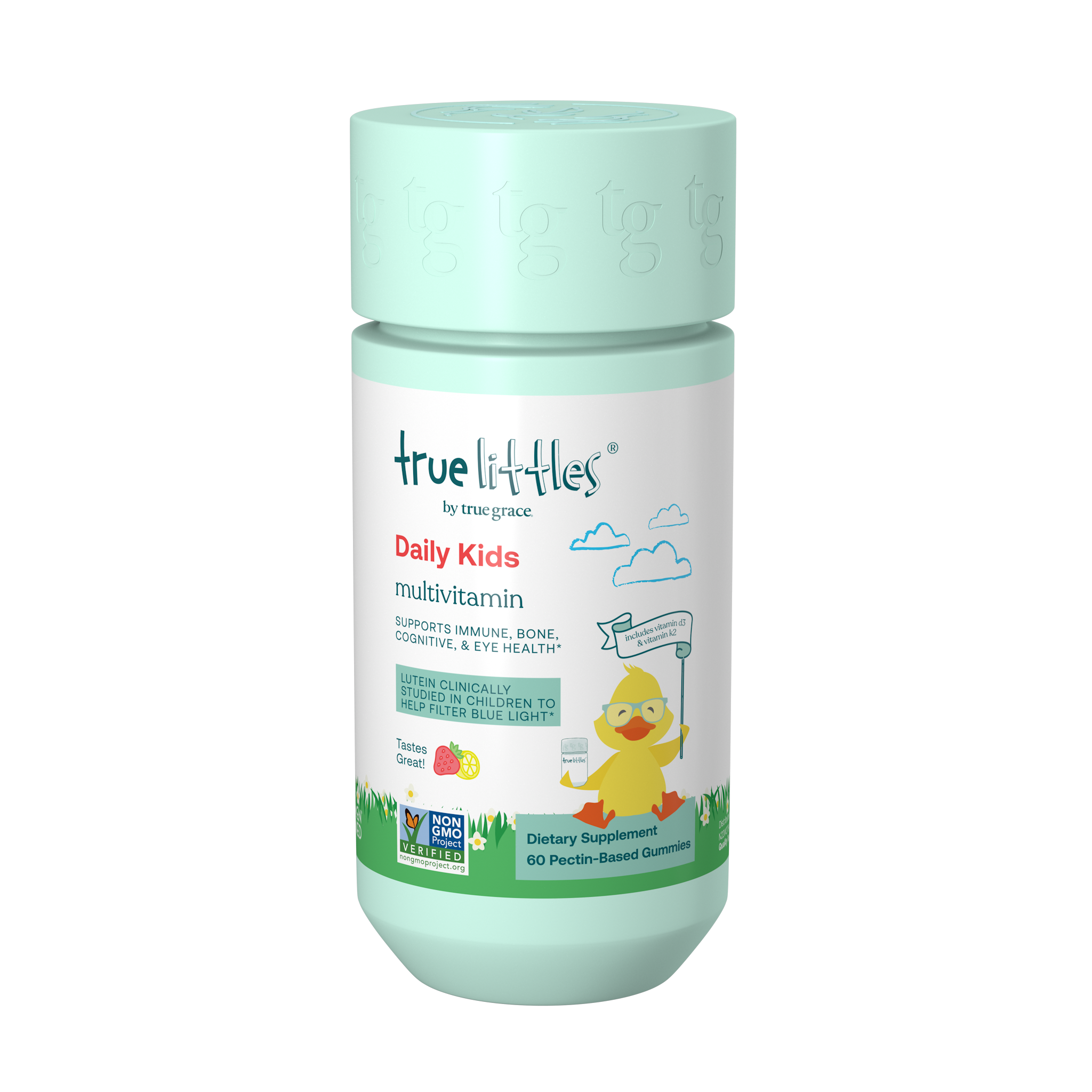 A bottle of True Grace True Littles Daily Kids Multivitamin gummies with a label featuring a cartoon duck.