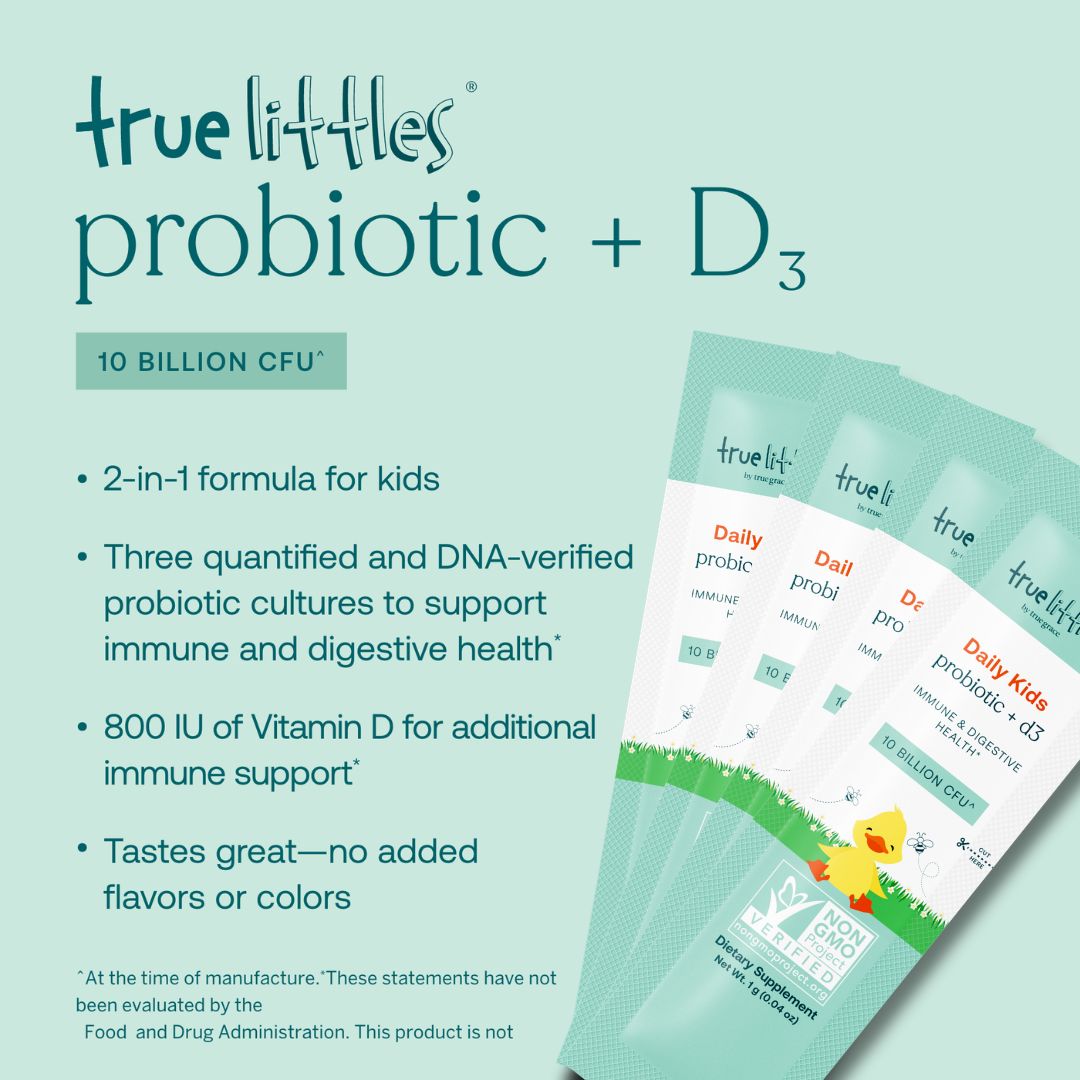 True Grace True Littles Daily Kids Probiotic + D3 packaging with product details on a light blue background
