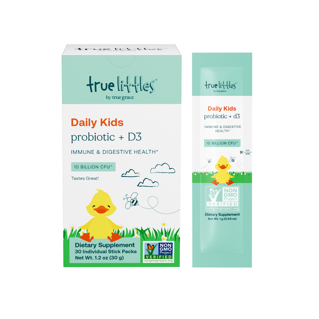 True Grace True Littles Daily Kids probiotic + D3 supplement packaging on a white background