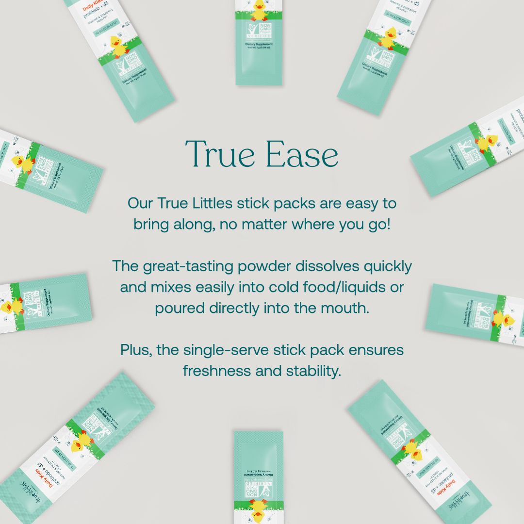 True Grace True Littles Daily Kids Probiotic + D3 product use information. True Ease Littles stick packs on a light gray background. Easy to use packaging displayed