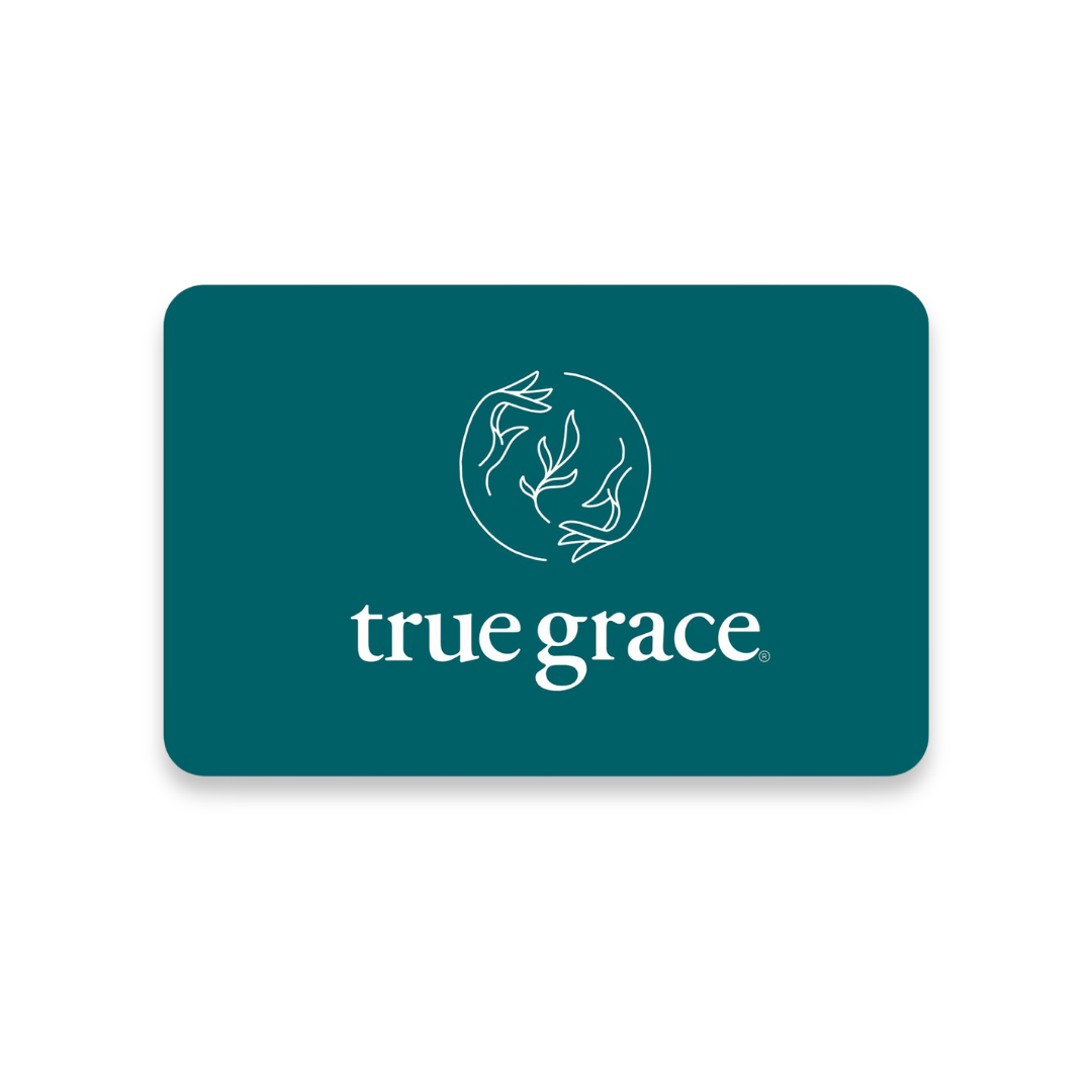 A digital gift card from True Grace with a teal background and the brand's logo centered in the forecourt.
