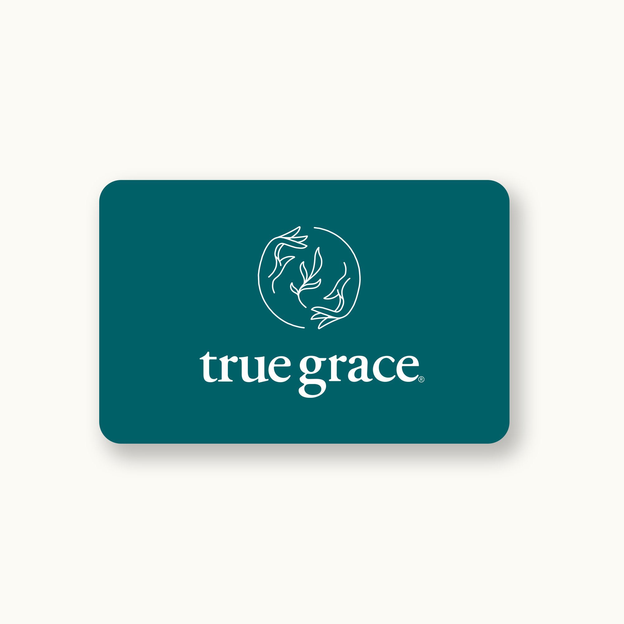 A digital gift card from True Grace with a teal background and the brand's logo centered in the forecourt.